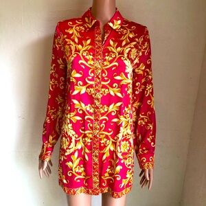 Chico’s Tunic Pink/Gold Baroque Print Button-Front Satin Blouse Shirt Women’s 0